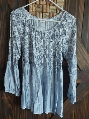 Light Blue Floral Peasant Blouse - Women's Long Sleeve Top by Hyku.